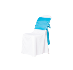 เก้าอี้พลาสติกคลุมผ้าขาว ผูกโบว์สีฟ้า